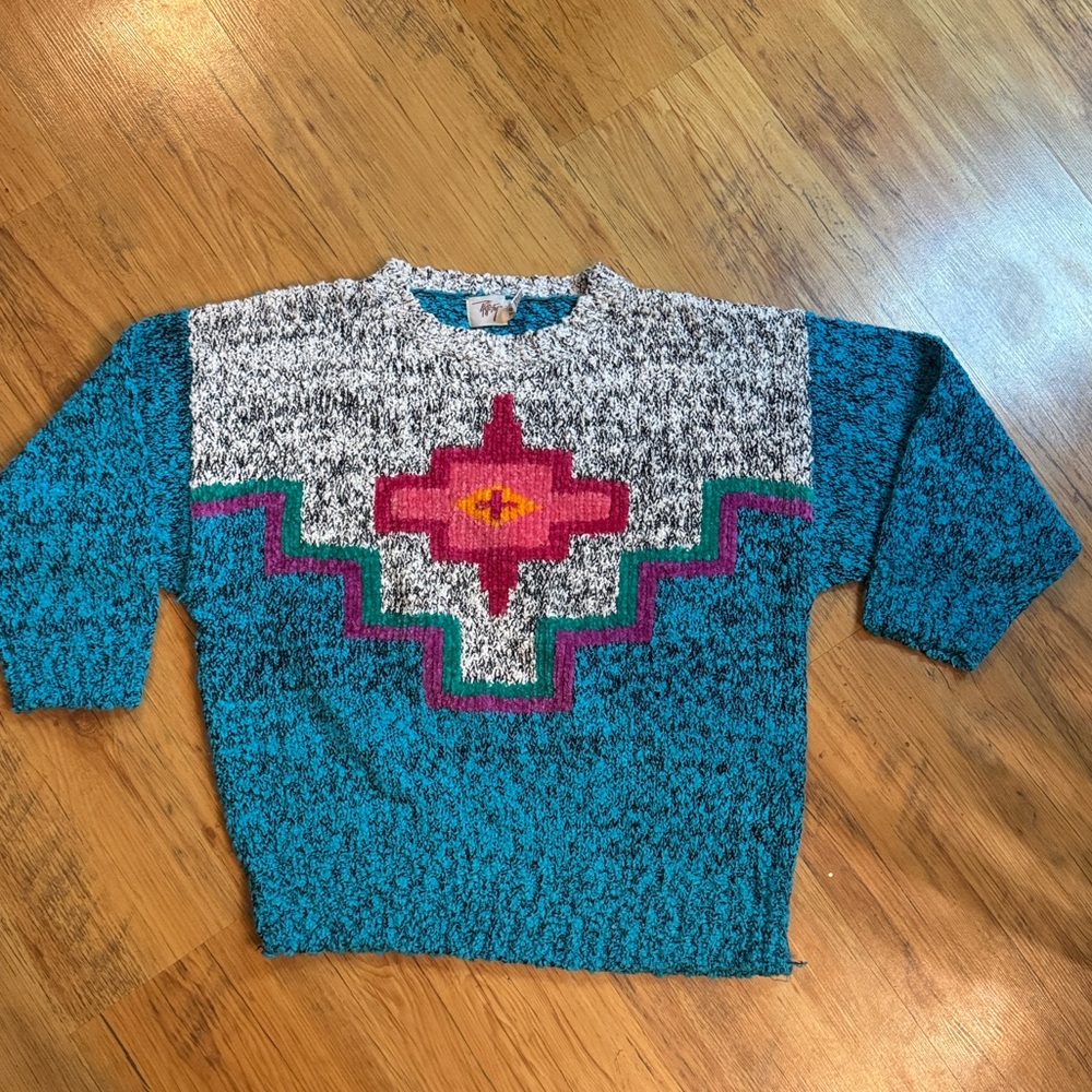 Aztec 80’s Rafferty Sweater Turquoise Sz L Women